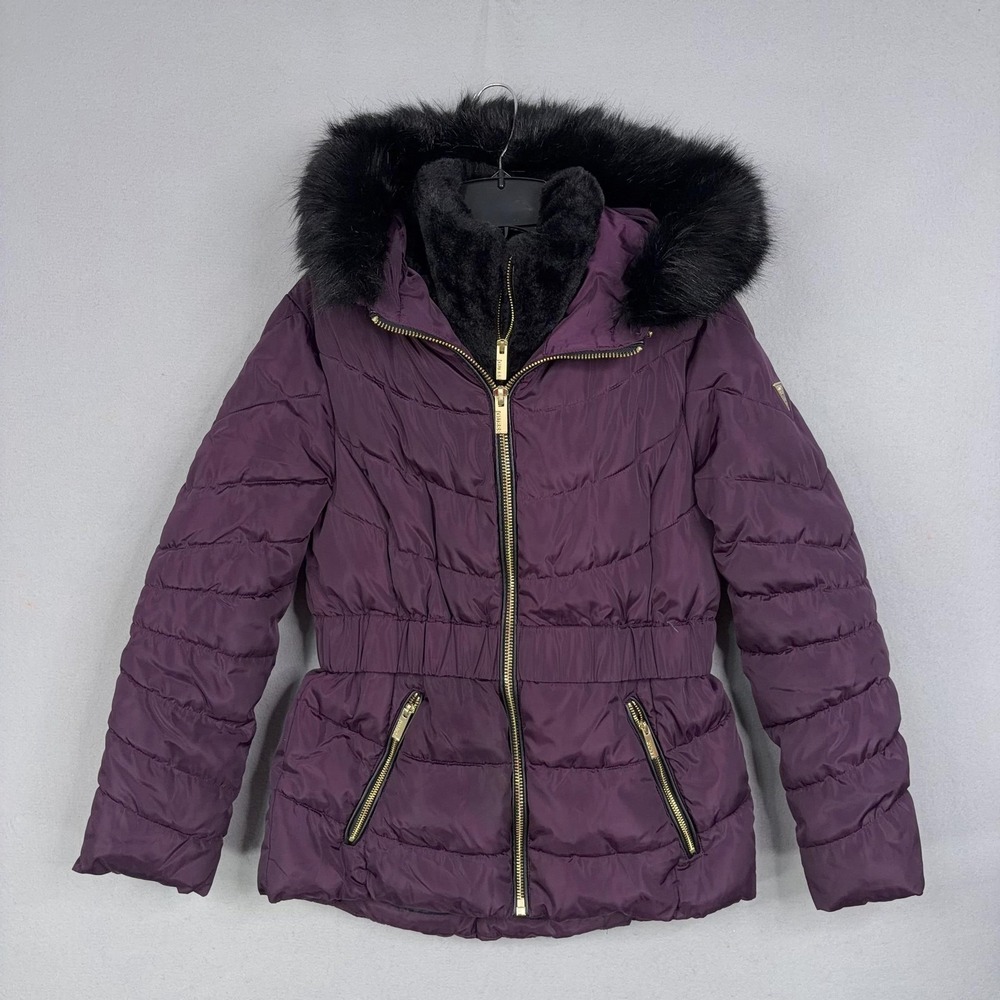 Guess Jacket Womens Small Purple Quilted Puffer Hooded Faux Fur Zip Pockets Y2K